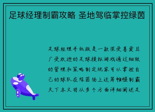 足球经理制霸攻略 圣地驾临掌控绿茵